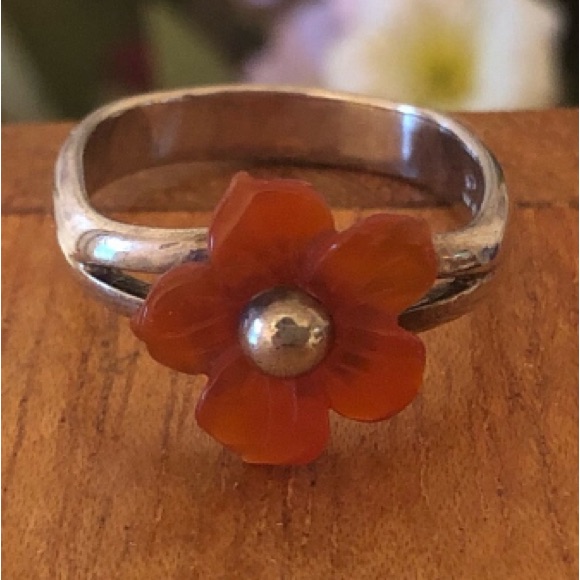 Rare Vintage Silpada Sterling Silver Carved Carnelian Flower Ring R0934 Size 6